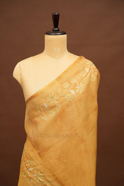 Embroidered Jute Linen Saree - Beige