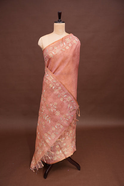 Embroidered Jute Linen Saree - Blush Pink