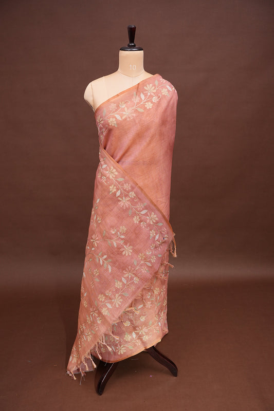 Embroidered Jute Linen Saree - Blush Pink