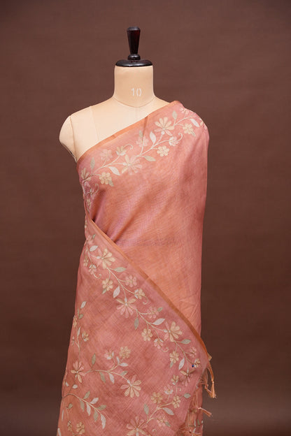 Embroidered Jute Linen Saree - Blush Pink