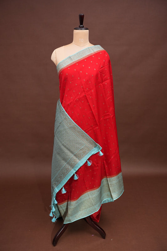 Tussar Banarasi Raw Silk Saree – Red & Sea Green with Zari Border