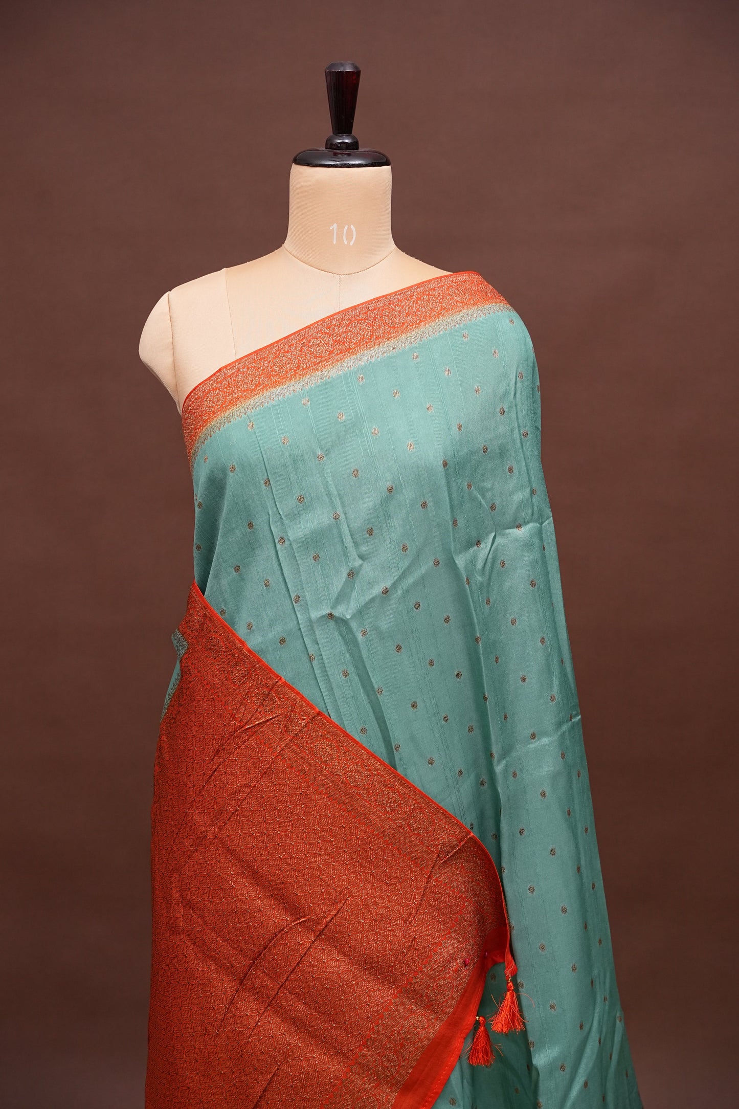Tussar Banarasi Raw Silk Saree – Sea Green & Orange with Zari Border