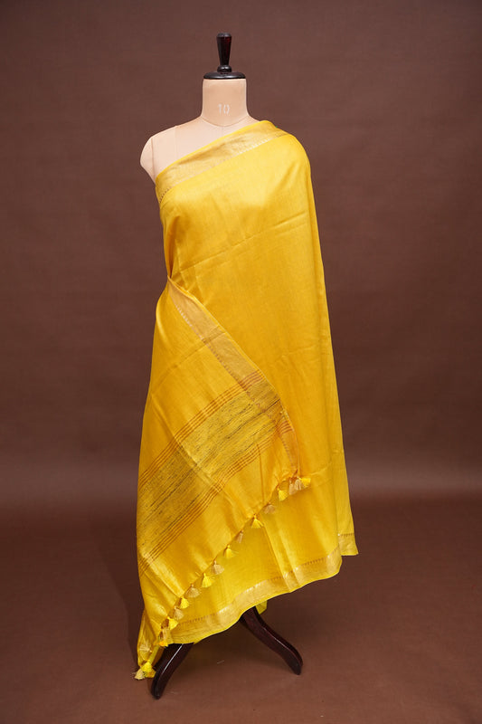 Plain Pure Tussar Silk Saree - Yellow