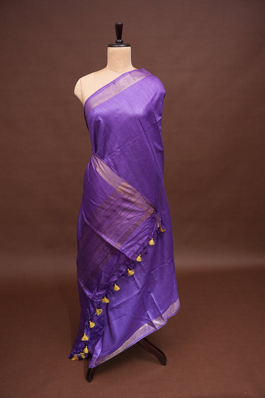 Plain Pure Tussar Silk Saree - Purple