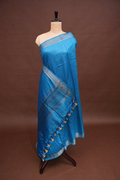 Plain Pure Tussar Silk Saree - Blue