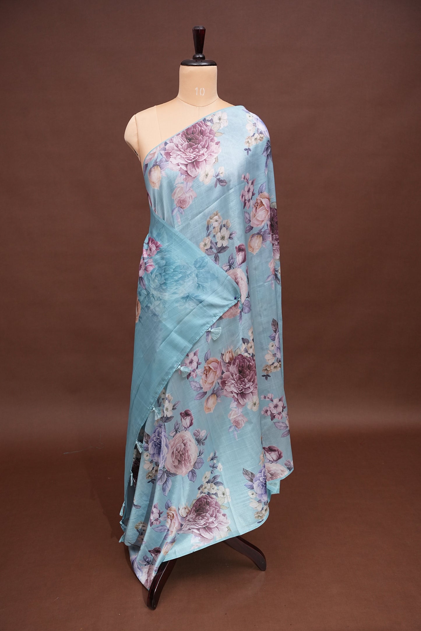 Powder Blue Kalamkari Tussar Silk Saree with Floral Digital Print
