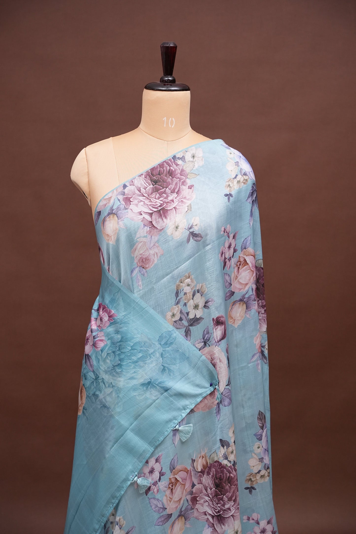 Powder Blue Kalamkari Tussar Silk Saree with Floral Digital Print