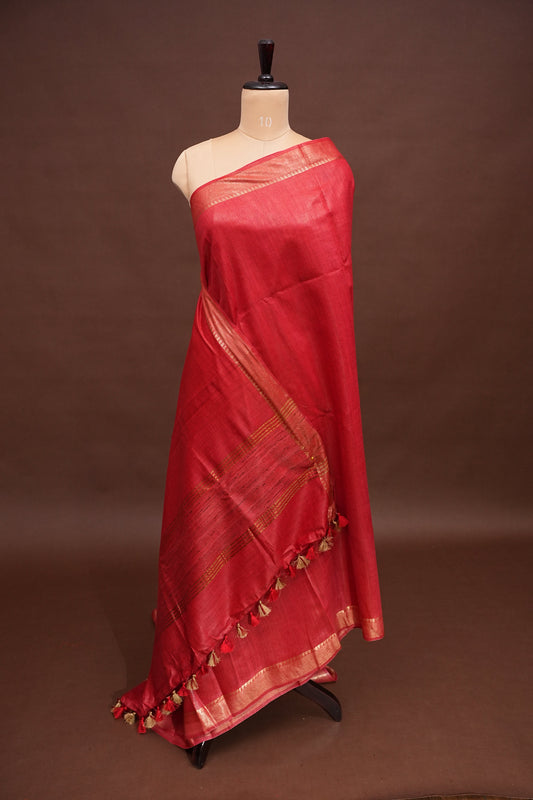 Plain Pure Tussar Silk Saree - Red