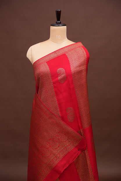 Tussar Banarasi Raw Silk Saree – Regal Red with Gold Mango Buttis