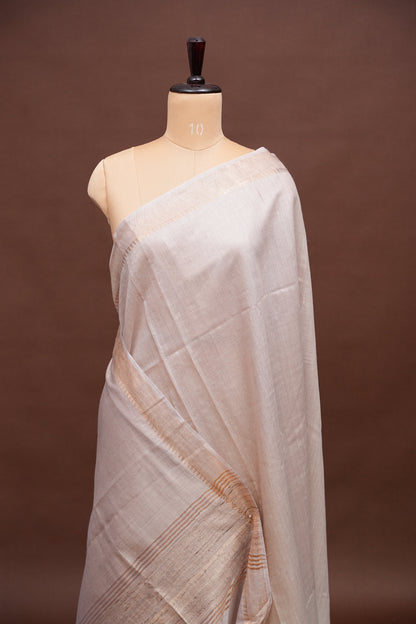 Plain Pure Tussar Silk Saree - Half White