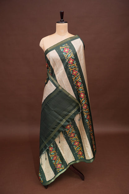 Semi Raw Silk Saree with Patola Prints & Striped Design – Bottle Green & Beige