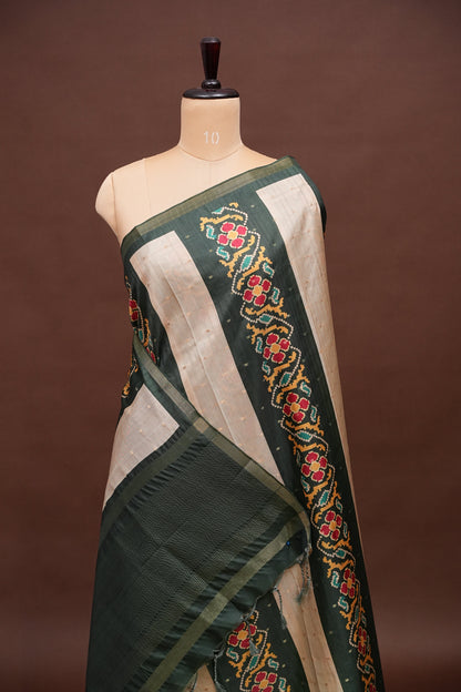 Semi Raw Silk Saree with Patola Prints & Striped Design – Bottle Green & Beige