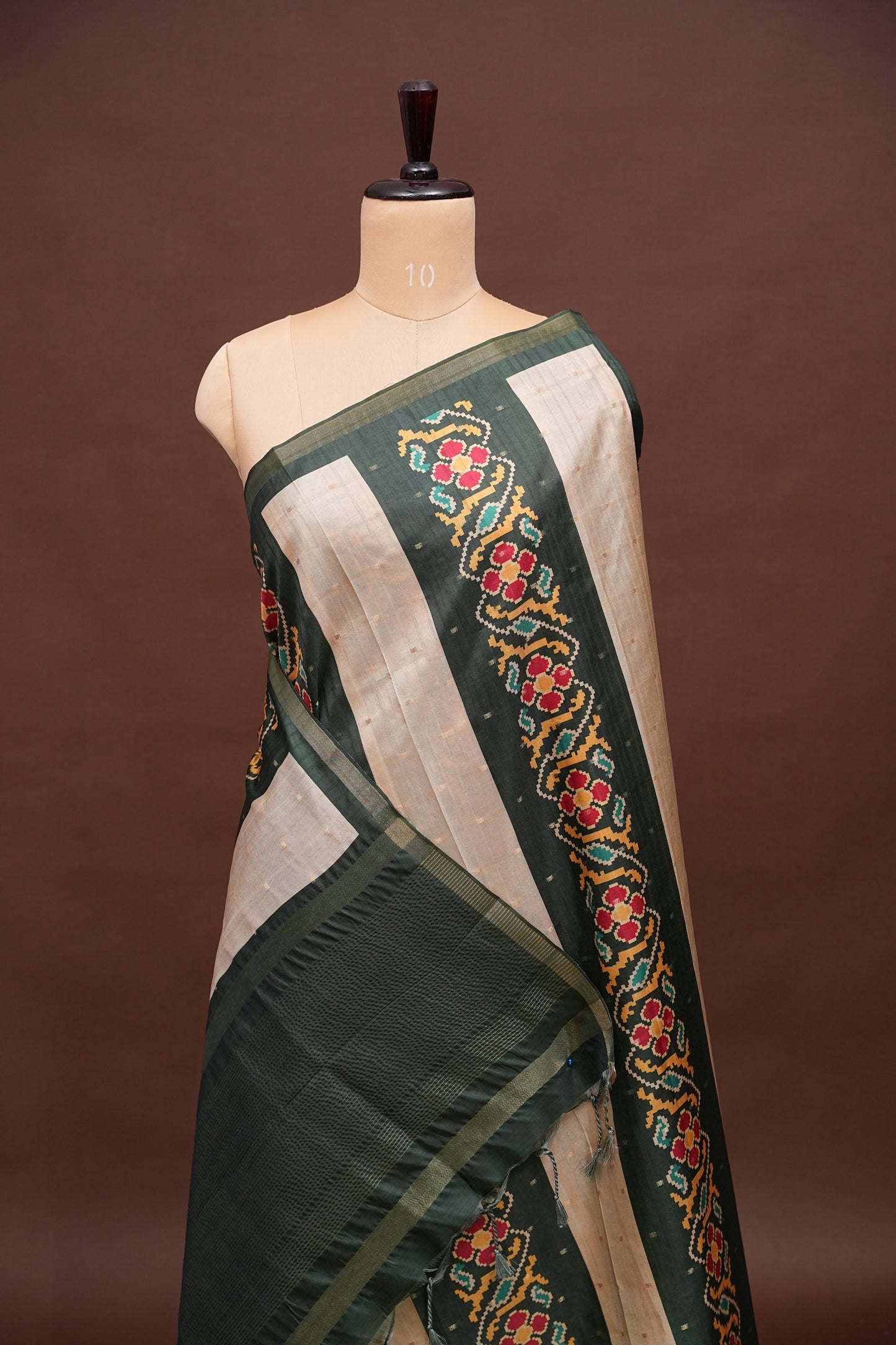 Semi Raw Silk Saree with Patola Prints & Striped Design – Bottle Green & Beige