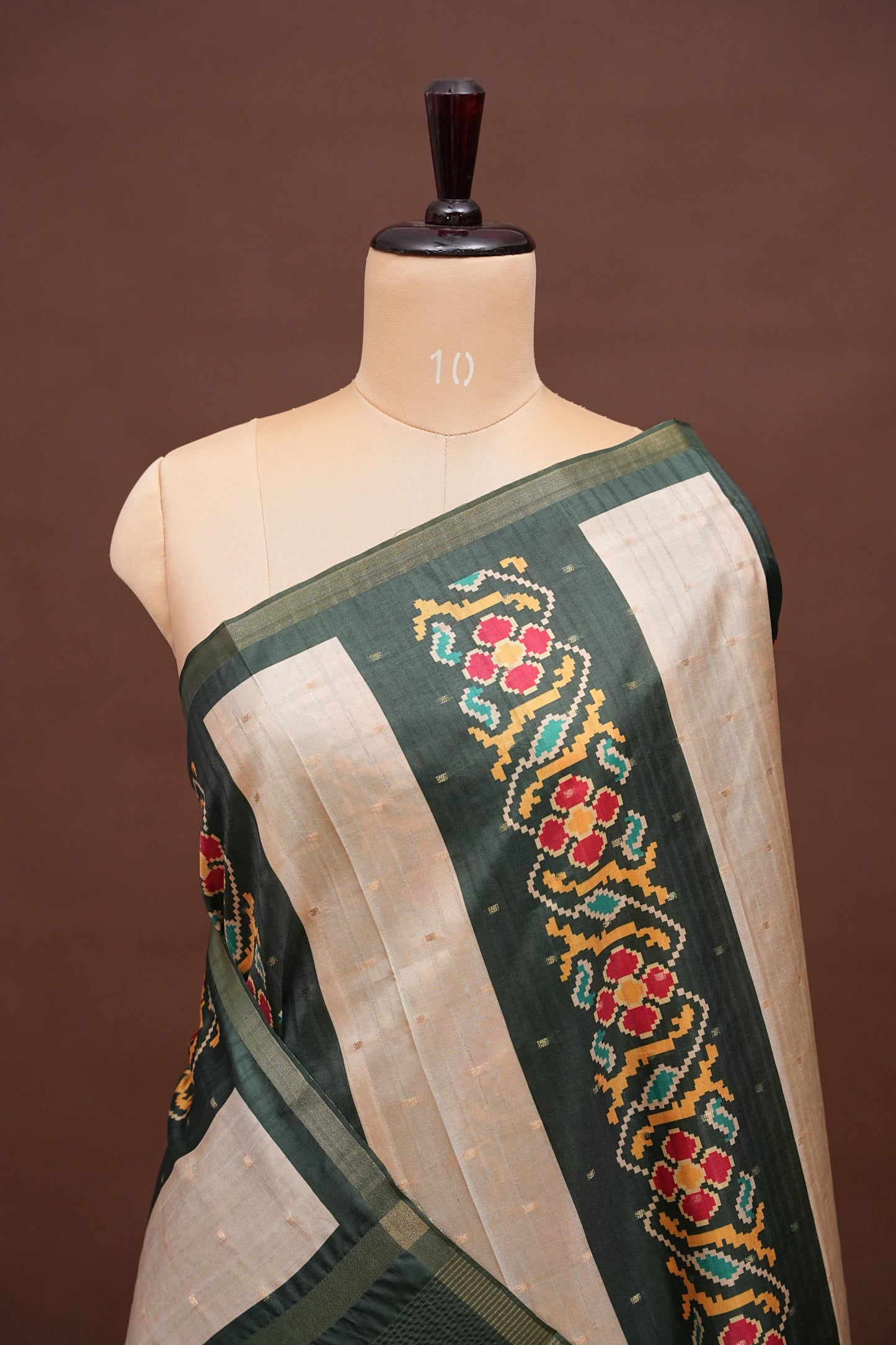 Semi Raw Silk Saree with Patola Prints & Striped Design – Bottle Green & Beige