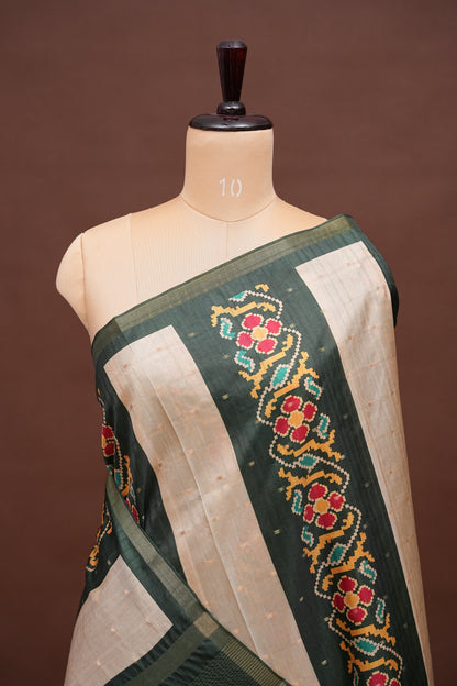 Semi Raw Silk Saree with Patola Prints & Striped Design – Bottle Green & Beige