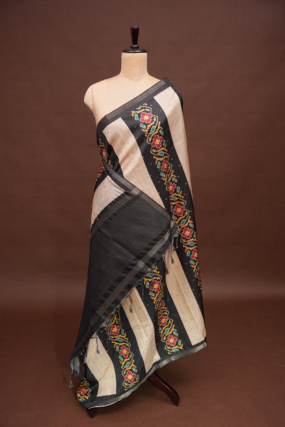 Semi Raw Silk Saree with Patola Prints & Striped Design – Black & Beige
