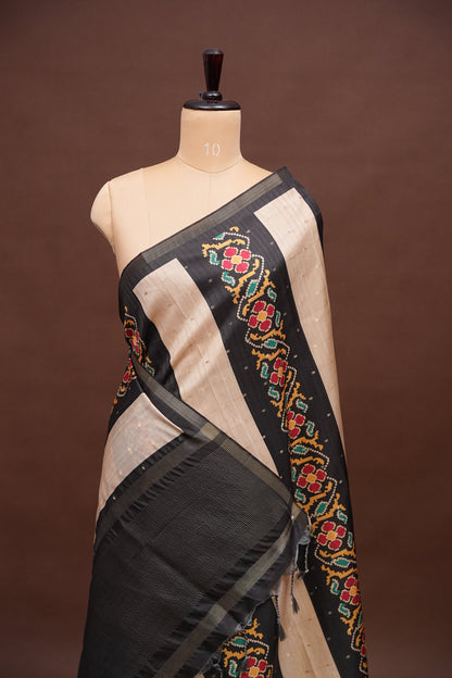 Semi Raw Silk Saree with Patola Prints & Striped Design – Black & Beige