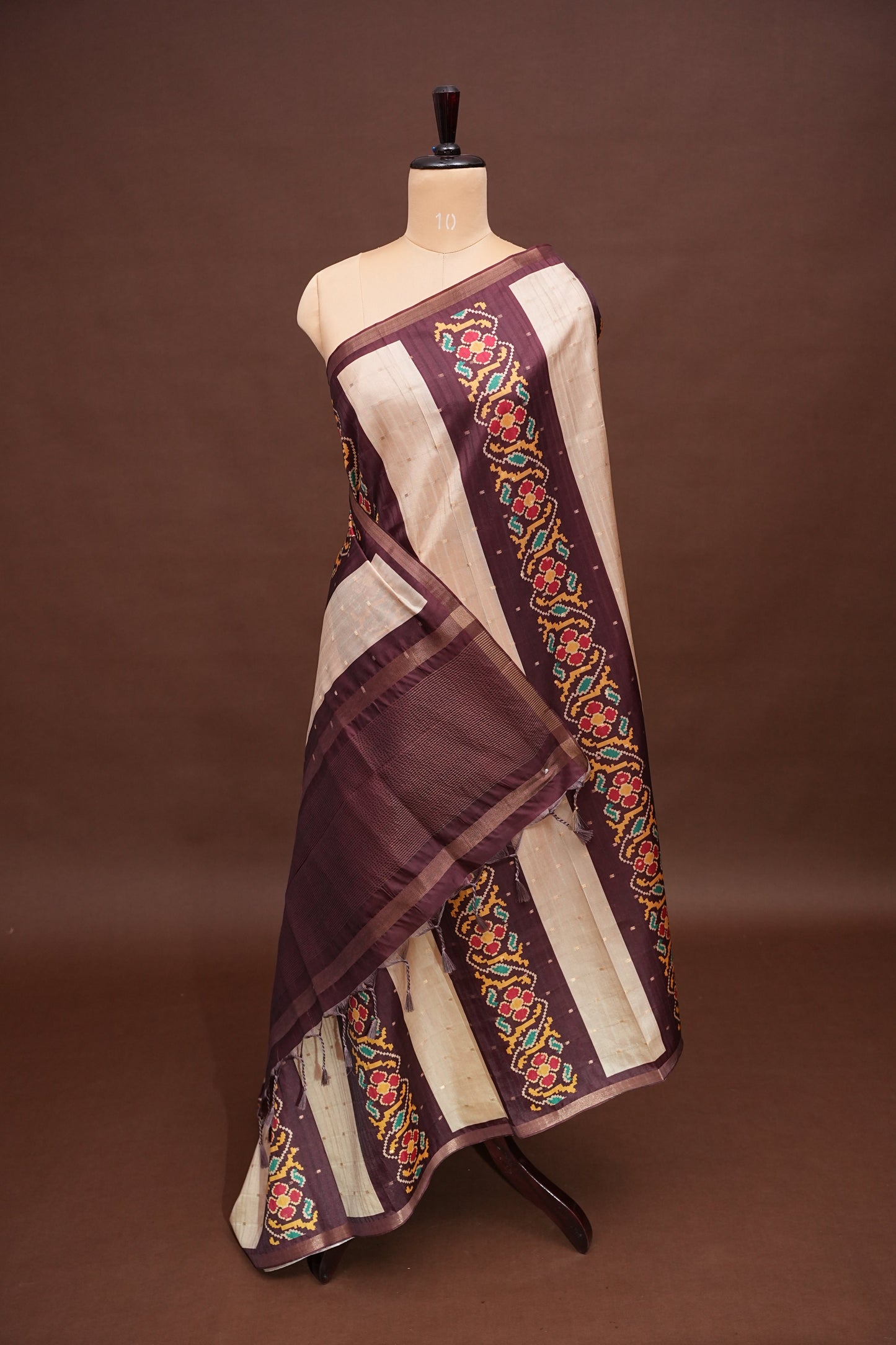 Semi Raw Silk Saree with Patola Prints & Striped Design – Deep Maroon