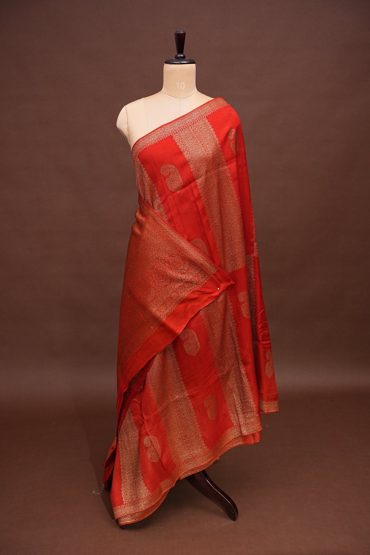Tussar Banarasi Raw Silk Saree – Vermilion Red with Gold Mango Buttis