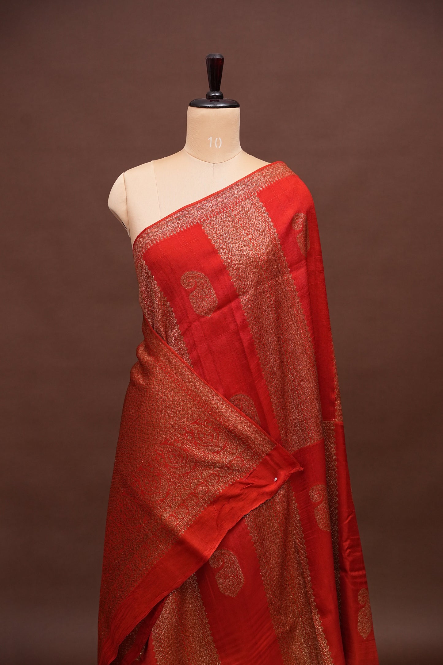 Tussar Banarasi Raw Silk Saree – Vermilion Red with Gold Mango Buttis