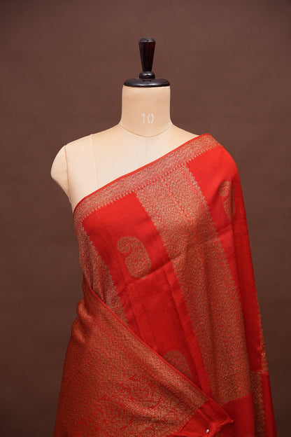 Tussar Banarasi Raw Silk Saree – Vermilion Red with Gold Mango Buttis