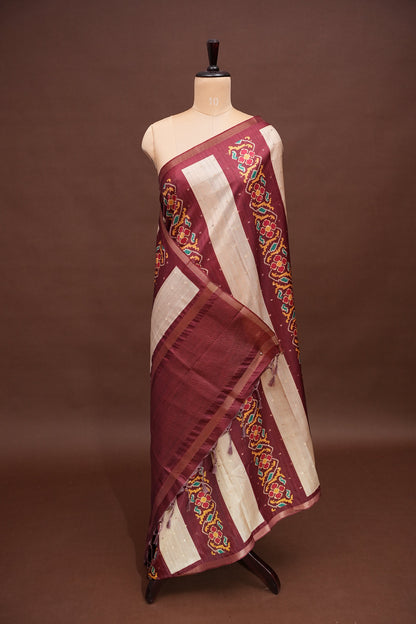 Semi Raw Silk Saree with Patola Prints & Striped Design – Maroon & Beige