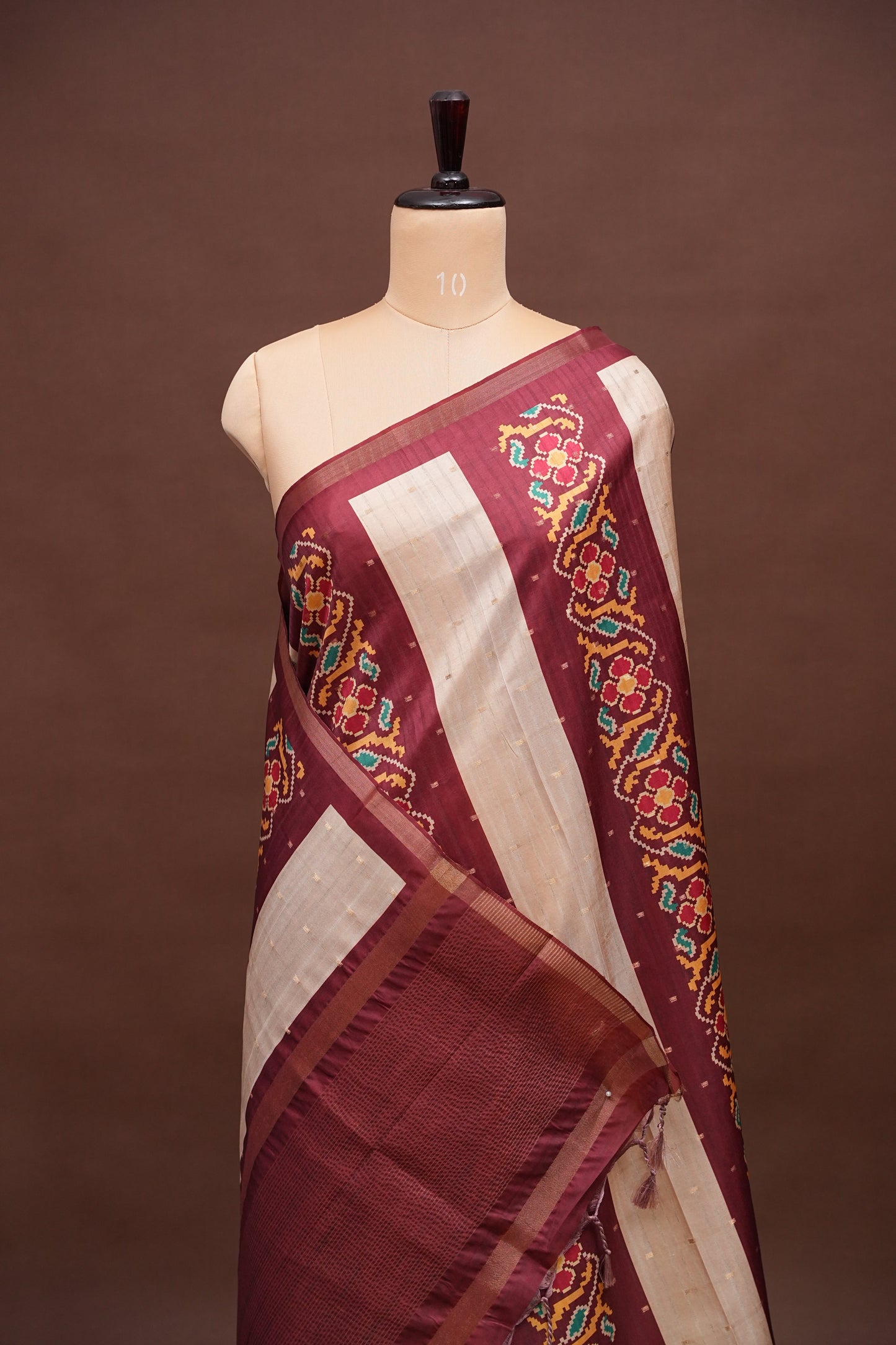 Semi Raw Silk Saree with Patola Prints & Striped Design – Maroon & Beige