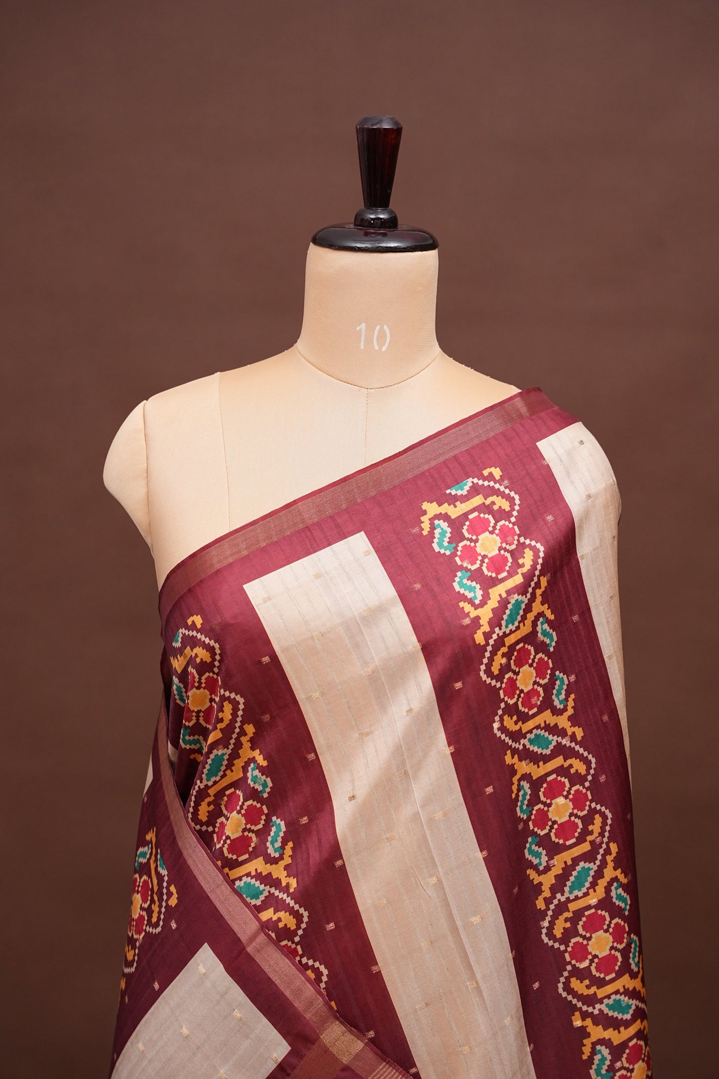 Semi Raw Silk Saree with Patola Prints & Striped Design – Maroon & Beige