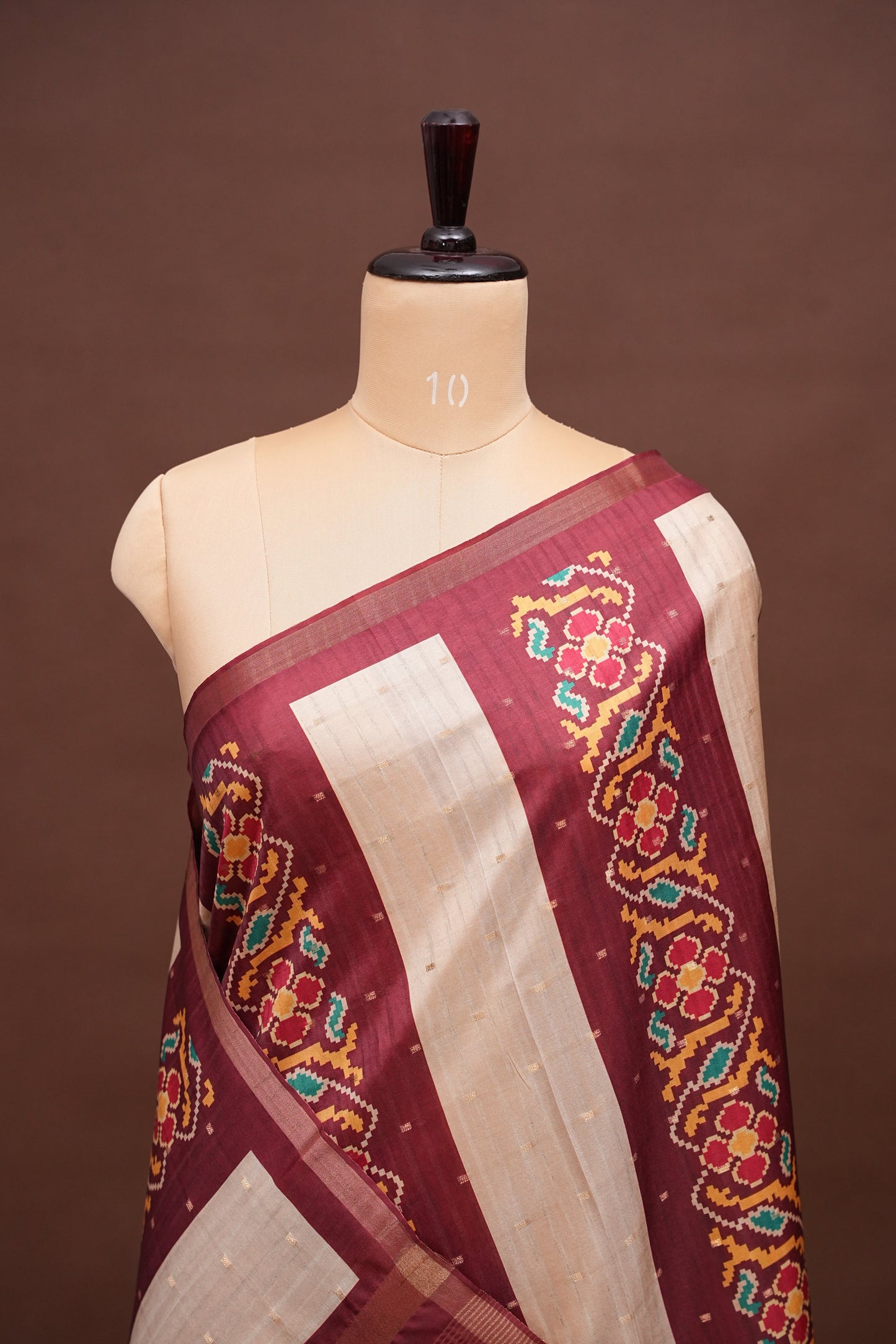 Semi Raw Silk Saree with Patola Prints & Striped Design – Maroon & Beige