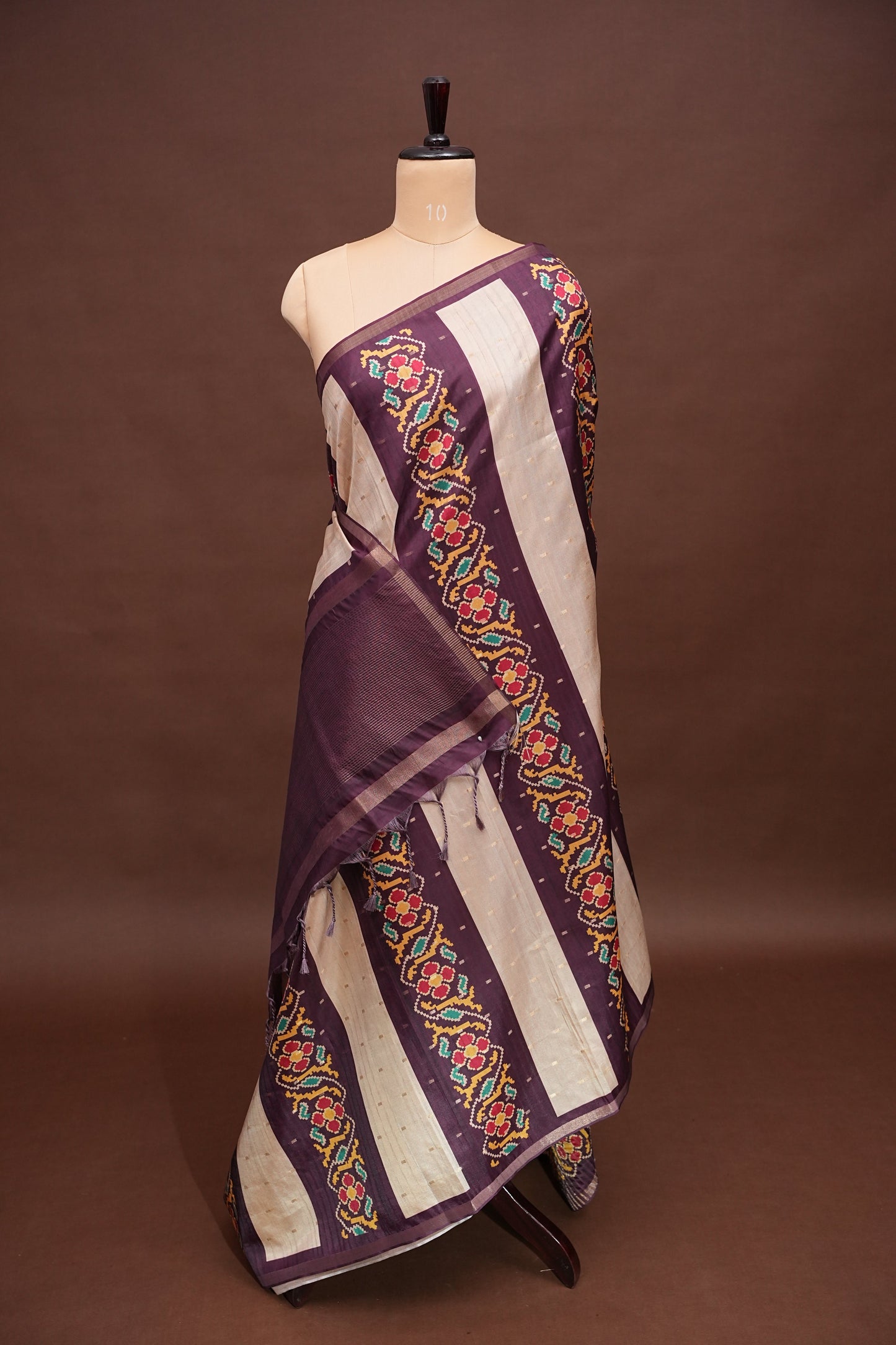 Semi Raw Silk Saree with Patola Prints & Striped Design – Wine & Beige