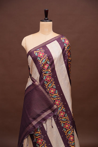 Semi Raw Silk Saree with Patola Prints & Striped Design – Wine & Beige
