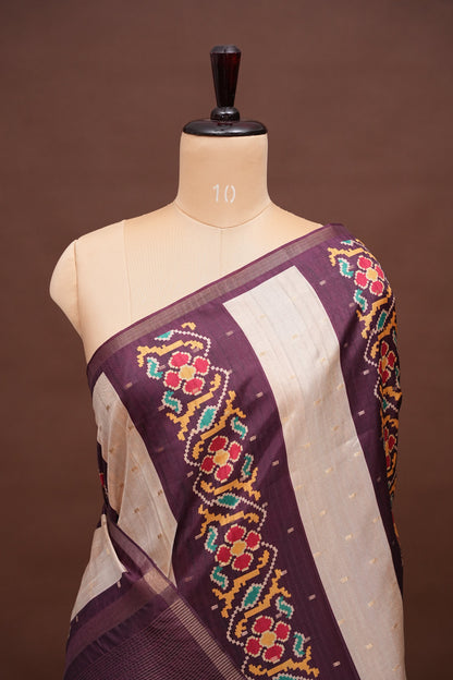 Semi Raw Silk Saree with Patola Prints & Striped Design – Wine & Beige