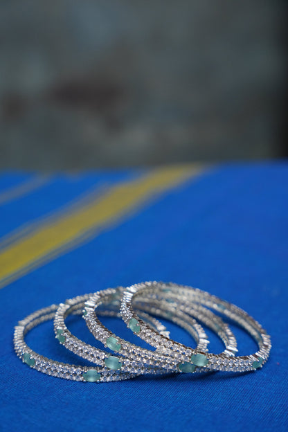 Mint Green & White AD Stone Silver Bangles – Set of 4