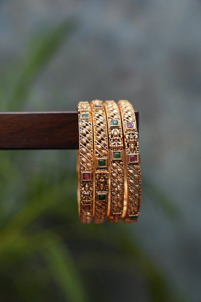 Antique Gold-Plated Temple Bangles Set – Ruby & Emerald Stone Details | Set of 4