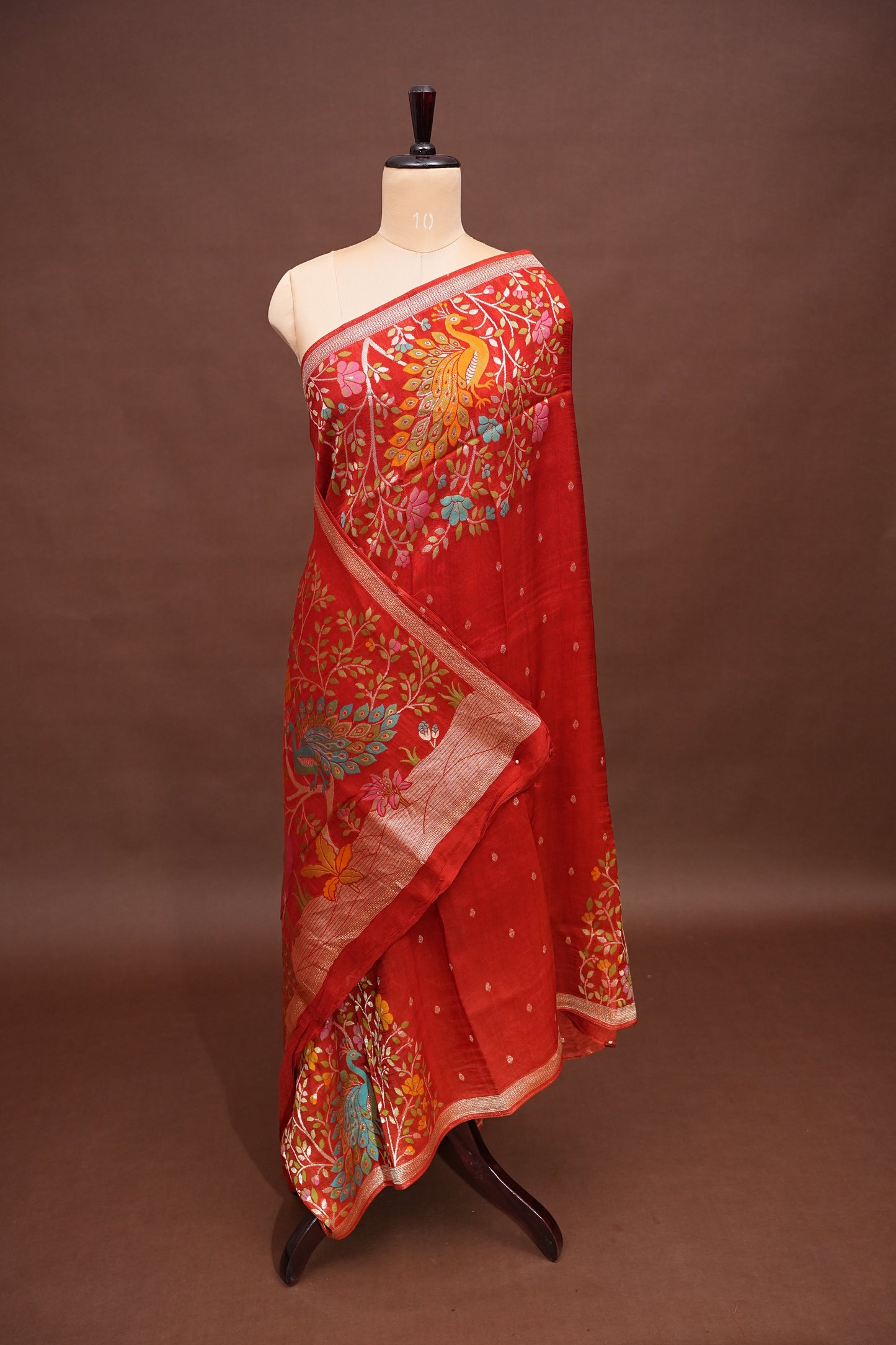 Tussar Banarasi Raw Silk Saree with Floral Paithani Weaves – Rust Orange
