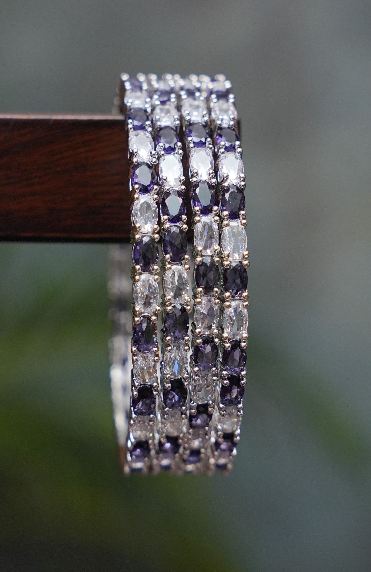 Premium Dual Tone Silver Crystal Bangles – Deep Purple & White - Set of 4 (Size 2.6)