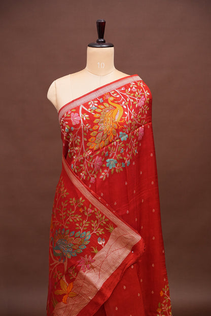 Tussar Banarasi Raw Silk Saree with Floral Paithani Weaves – Rust Orange
