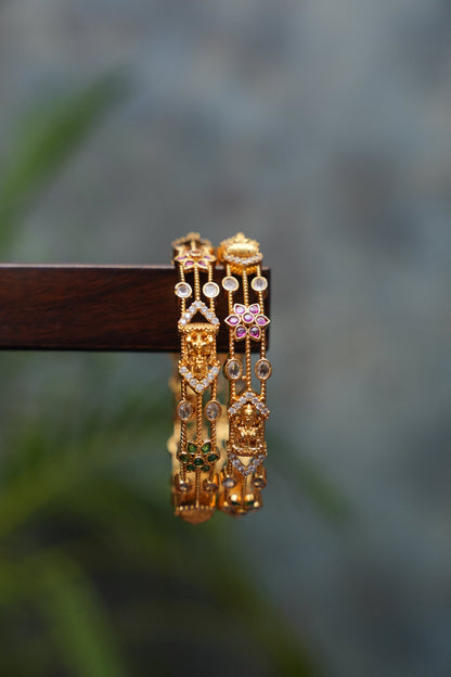 Premium Gold-Plated Temple Design Bangles – White, Ruby & Emerald Stones | Set of 2