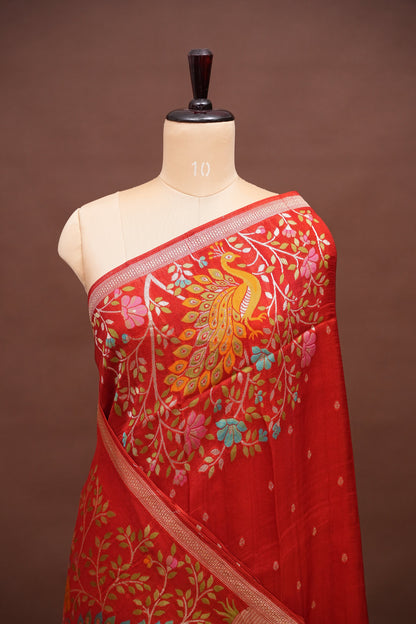 Tussar Banarasi Raw Silk Saree with Floral Paithani Weaves – Rust Orange