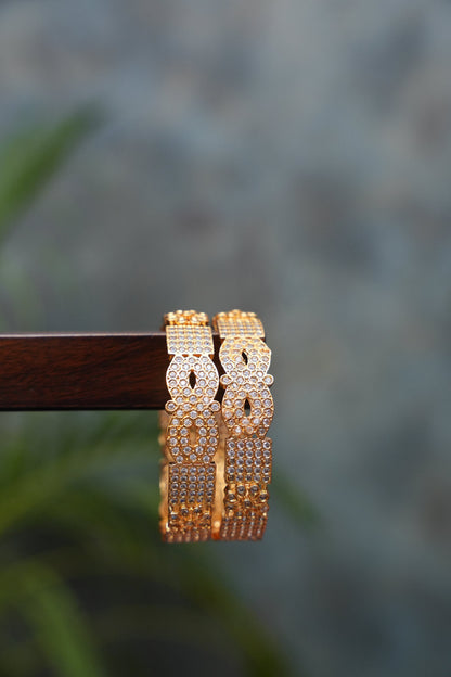 Antique Gold Plated Premium White Stone Studded Bangle Jewellery - Set of 2