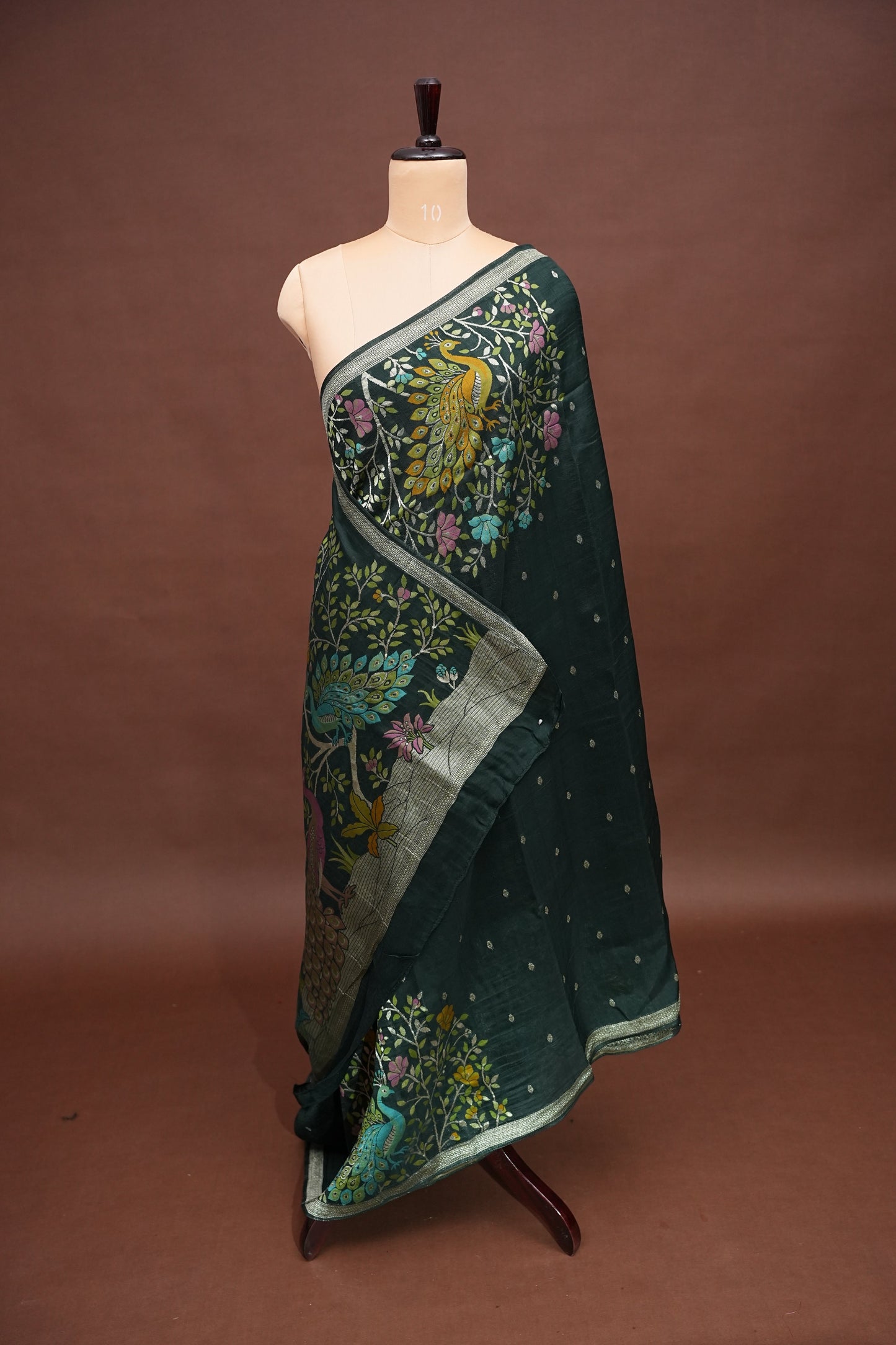 Tussar Banarasi Raw Silk Saree with Floral Zari Butta Weaving – Bottle Green