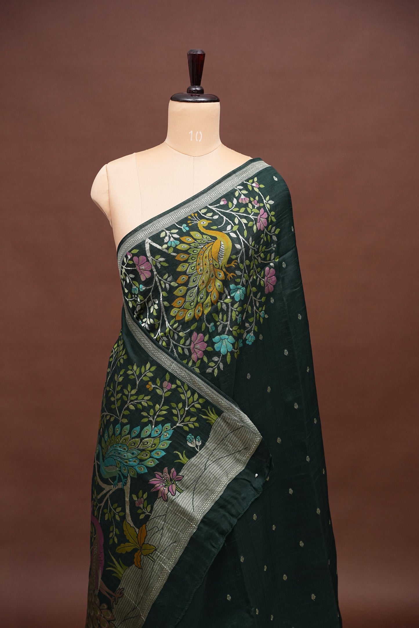 Tussar Banarasi Raw Silk Saree with Floral Zari Butta Weaving – Bottle Green
