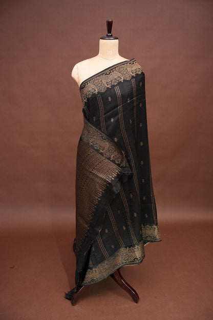 Tussar Banarasi Raw Silk Saree with Handloom Peacock Border – Classic Black
