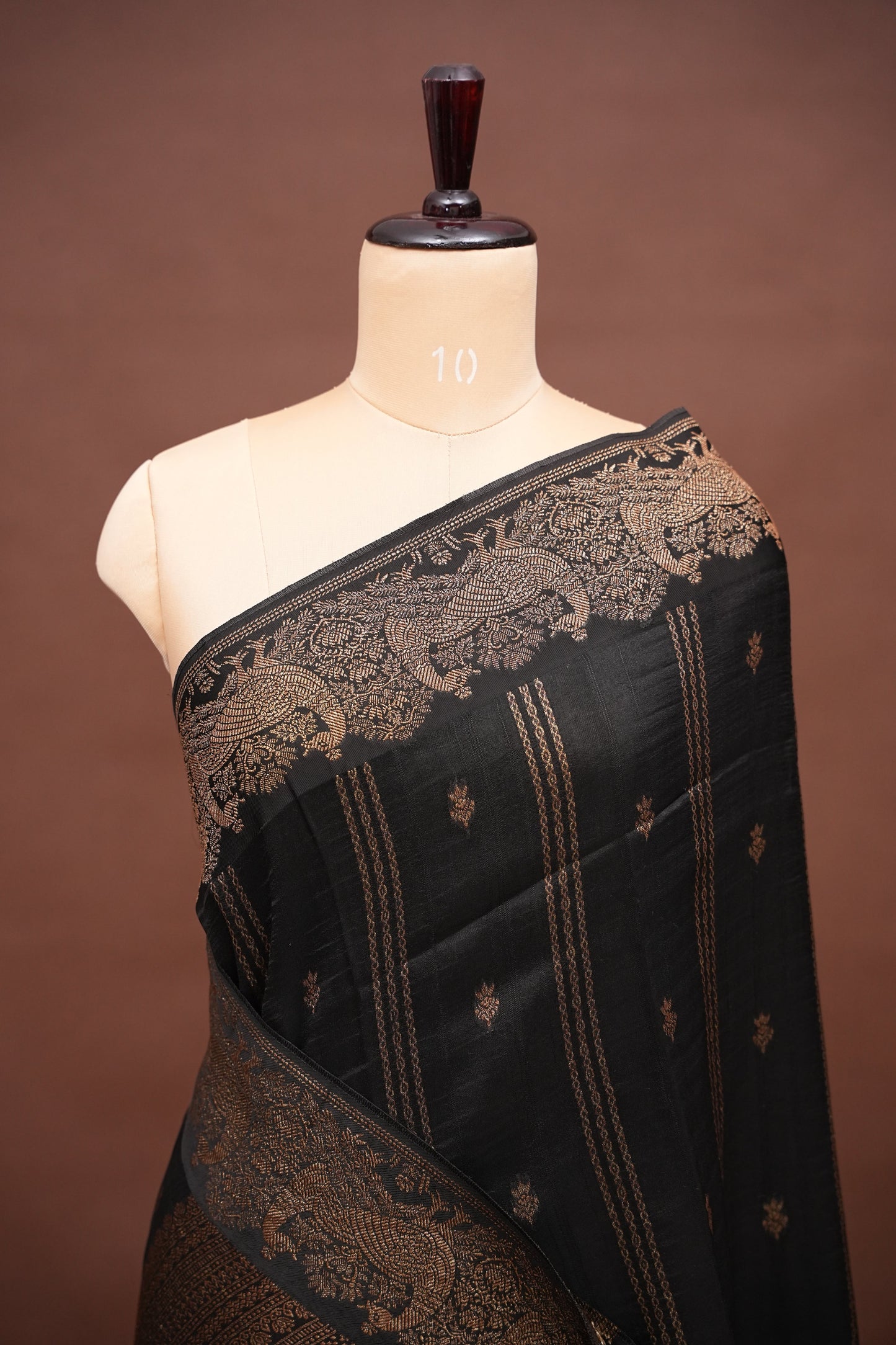 Tussar Banarasi Raw Silk Saree with Handloom Peacock Border – Classic Black
