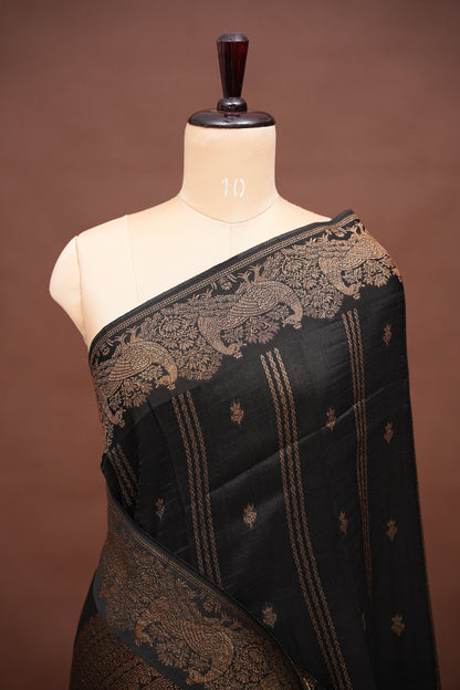 Tussar Banarasi Raw Silk Saree with Handloom Peacock Border – Classic Black