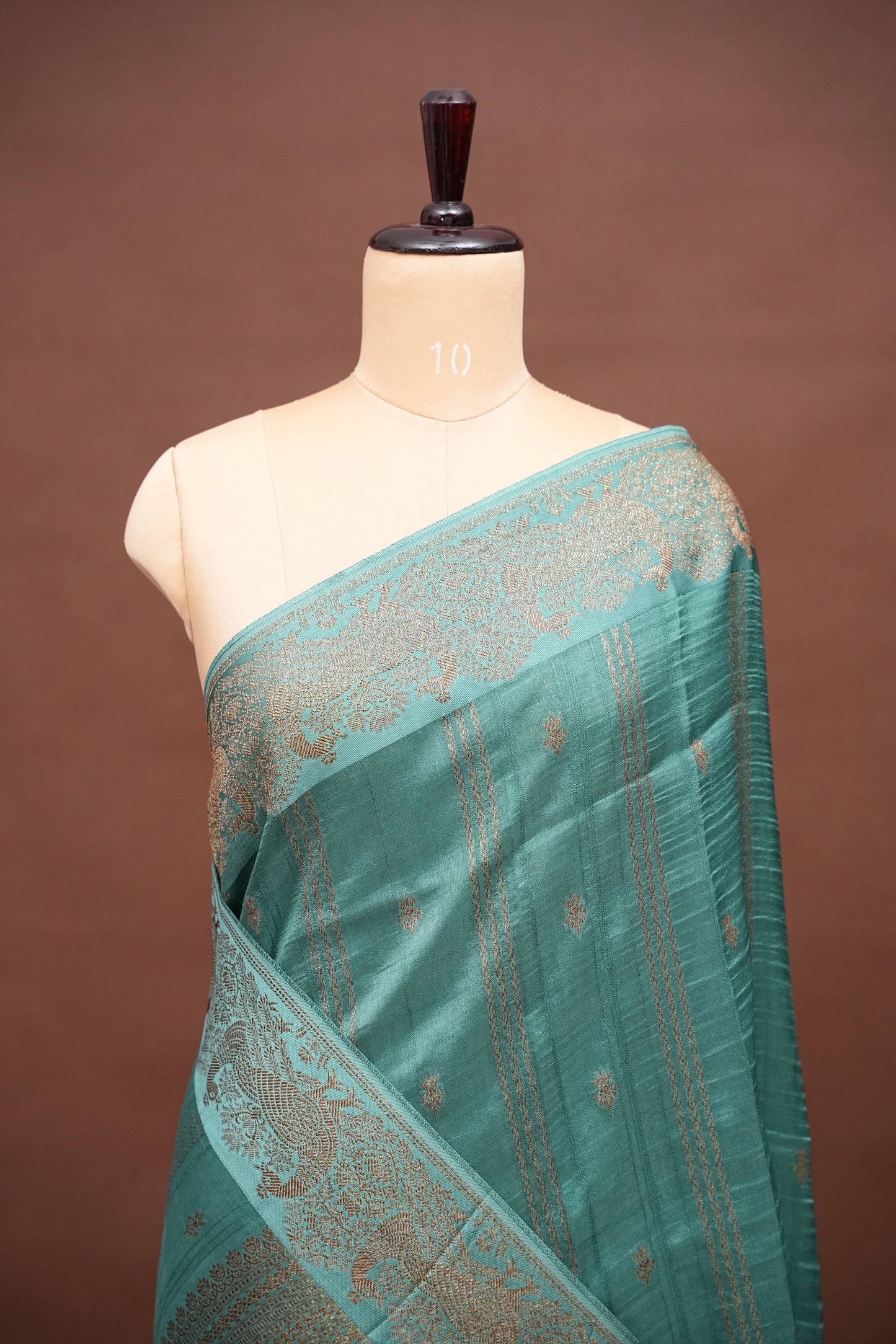 Tussar Banarasi Raw Silk Saree with Handloom Peacock Border – Aqua Green