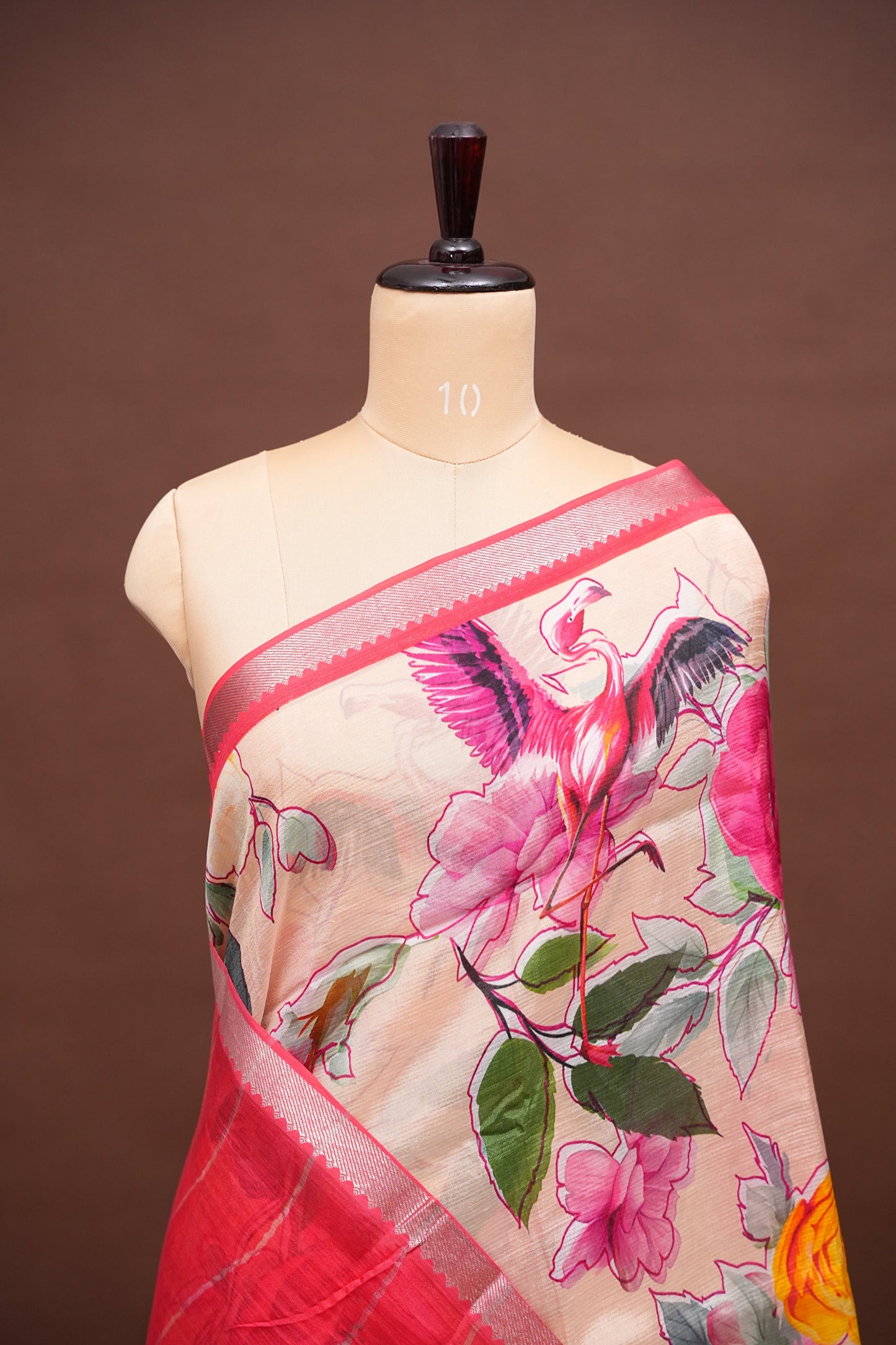 Mangalagiri Printed Silk Saree - Coral Pink & Floral Ivory