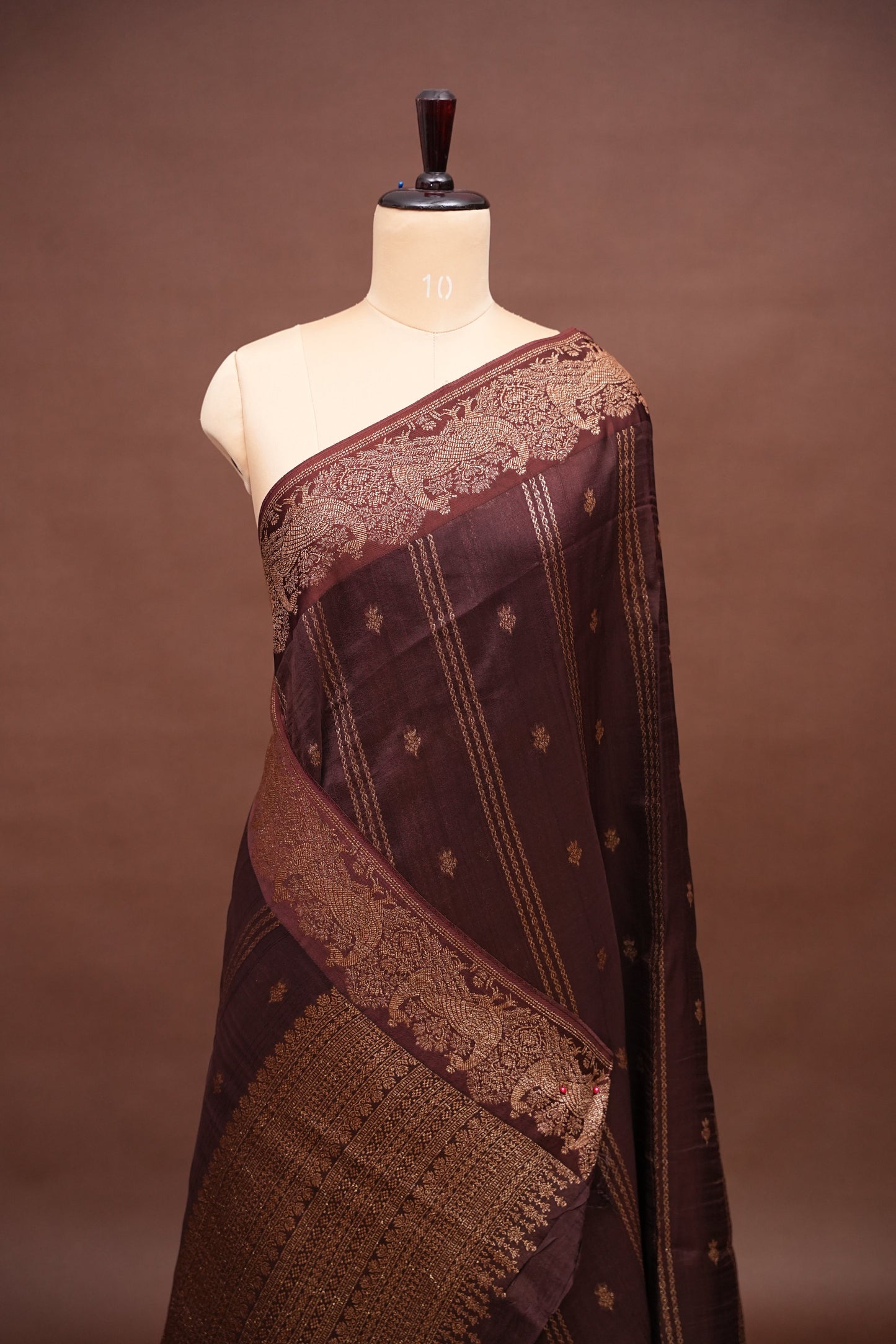Tussar Banarasi Raw Silk Saree with Handloom Peacock Border – Coffee Brown