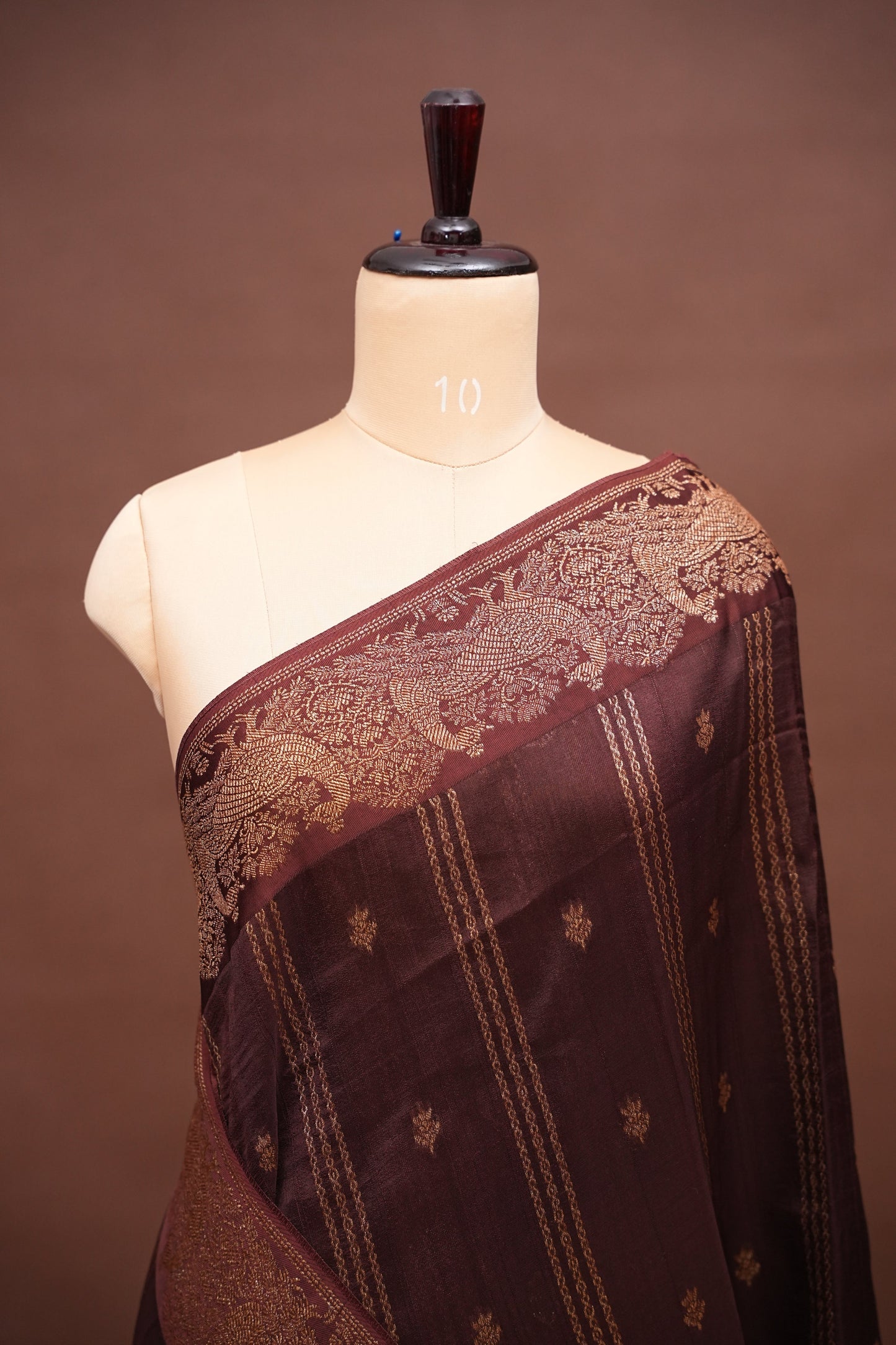Tussar Banarasi Raw Silk Saree with Handloom Peacock Border – Coffee Brown