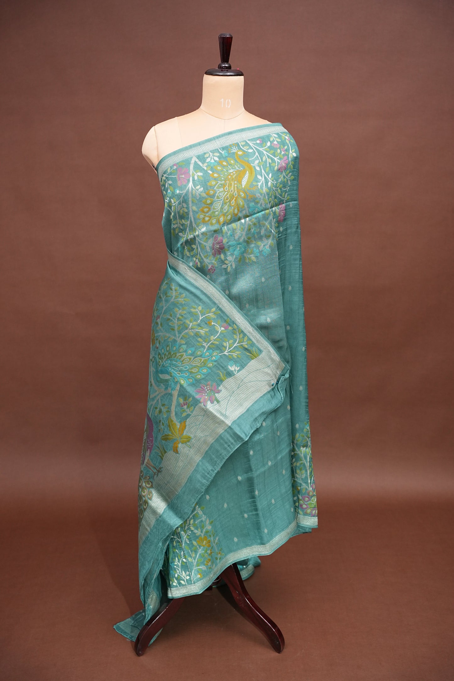 Tussar Banarasi Raw Silk Saree with Floral Zari Butta Weaving – Aqua Green